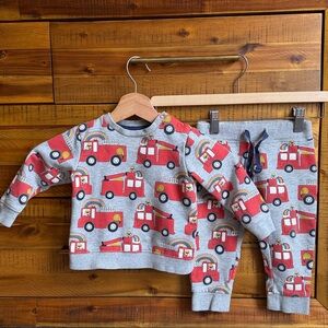 Baby Boden Fire Truck Sweatshirt & Joggers Set - Gray & Red